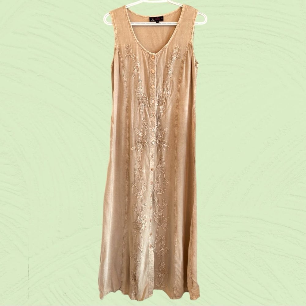 Beige button down maxi dress embroidered